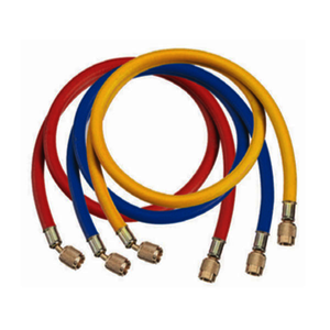Manguera de carga flexible antipérdidas de 1/4" x 1500 mm para R-134a, R-404A y R-22 (Kit de 3 unidades azul, rojo y amarillo)